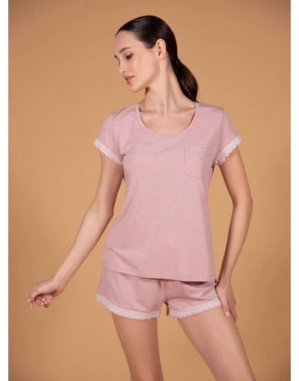 Розовая хлопко-модальная пижама с кружевом